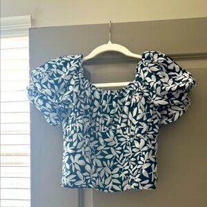 Abercrombie & Fitch Blue Floral Puff Sleeve Crop Top | Smocked | Small